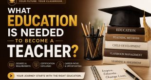 Future teacher studying education requirements before beginning a teaching career in a modern classroom.