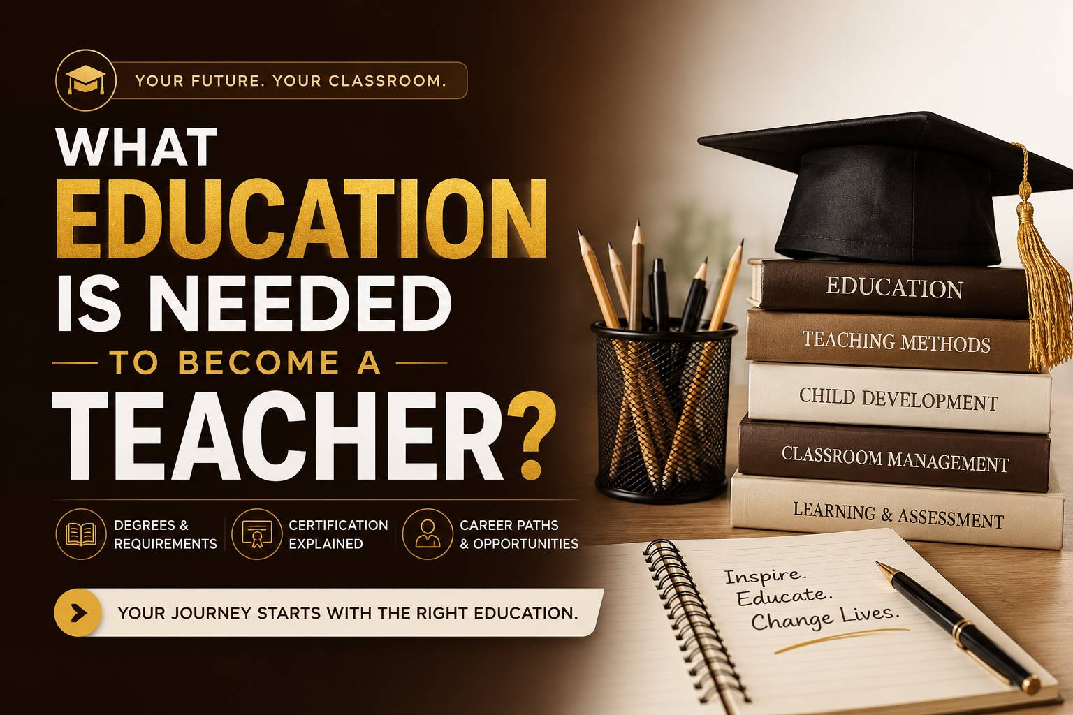 Future teacher studying education requirements before beginning a teaching career in a modern classroom.